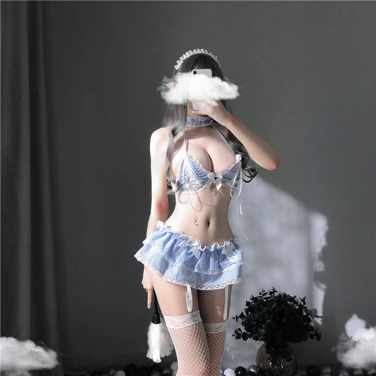 Lace and blue lattice maid's costume 蕾丝蓝格女仆装